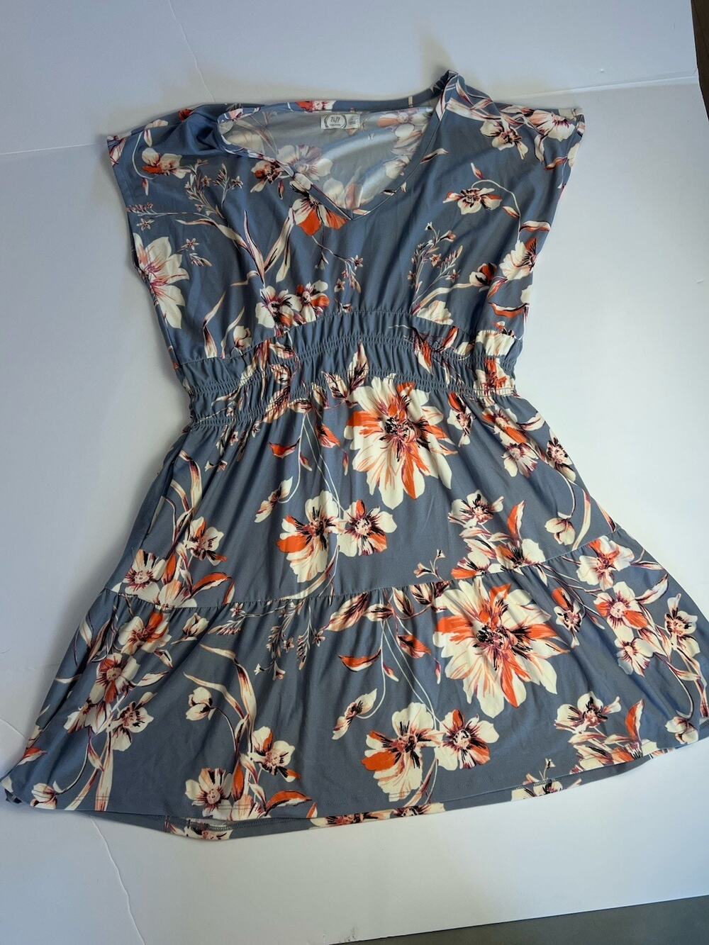 24/7 Comfort Apparel Floral Dress Women's Large Blue Orange Tiered Short Sleeve
